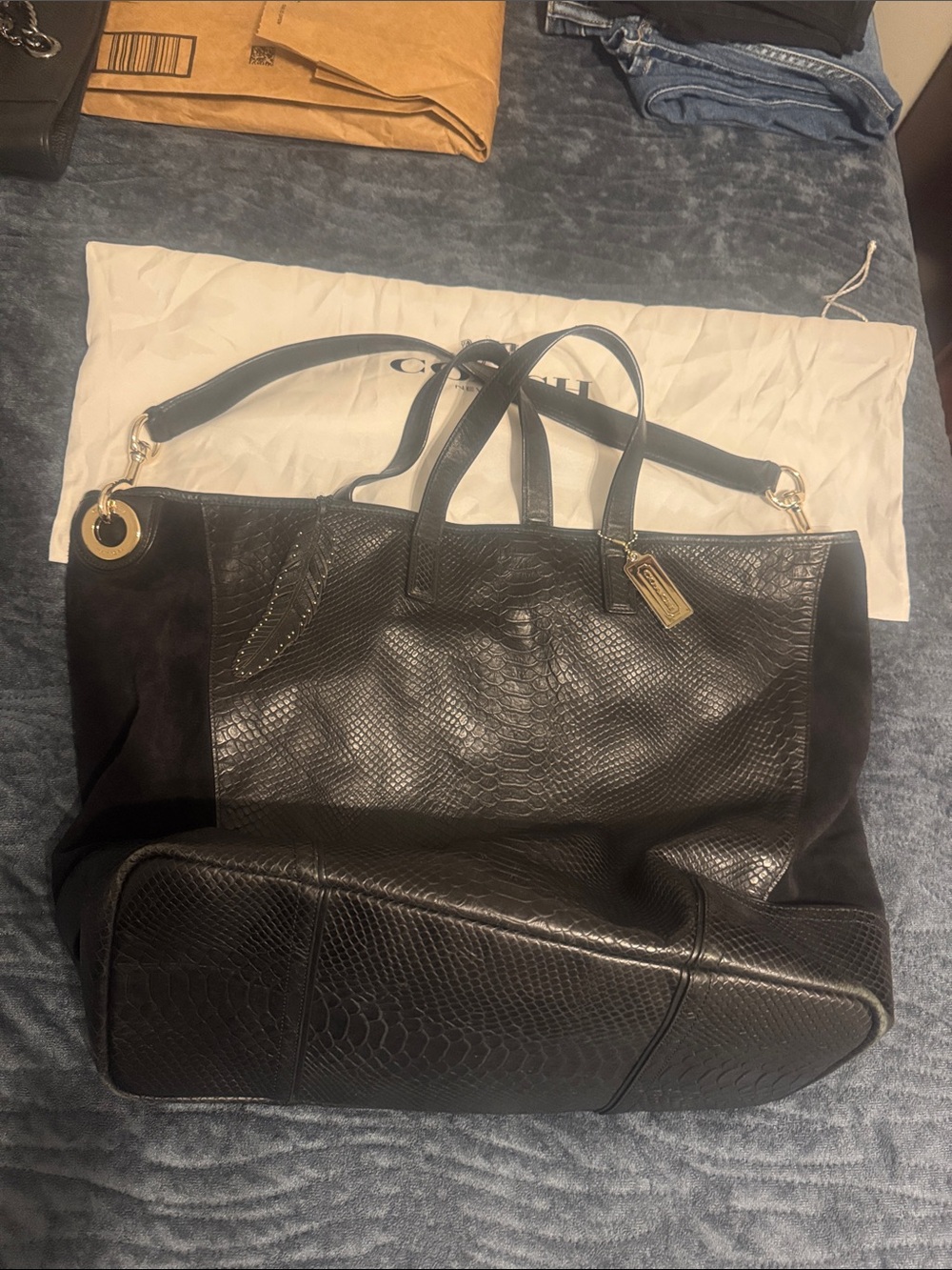 Coach Vintage Black Faux-Snake and Suede Embossed Tote Bag with Shoulder Strap